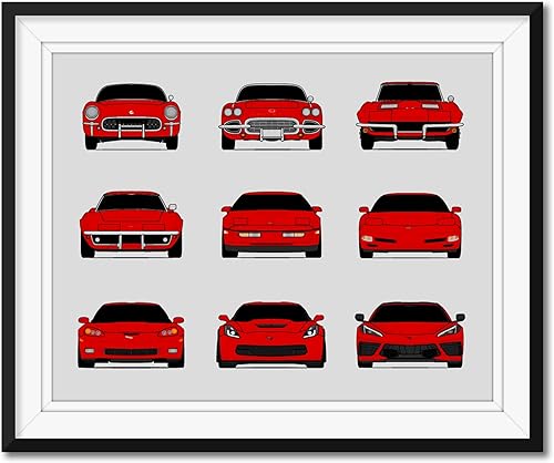 Handmade Poster compatible with Chevy Corvette Generations and Print of Chevrolet Corvette (C1 C2 C3 C4 C5 C6 C7 C8) (Landscape) - Torch Red, 24x36"