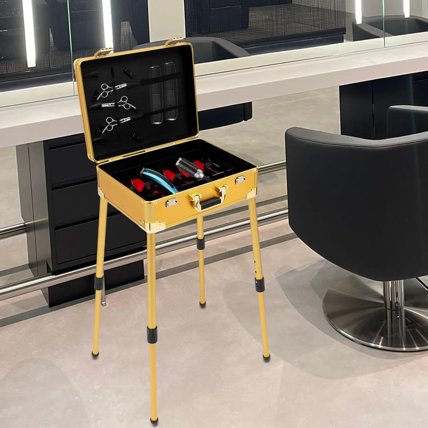 Barber Case, Mobile Barber Station Professional Barber Toolbox with Gold Stand Portable Barber Chair Barber Clipper Case for Barbers to Store Pushers, Trimmers, Blades, Scissors, Combs