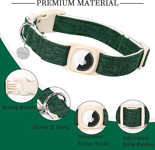 Miniatura 2 de DOGWONG Airtag - Collar de algodón de cáñamo para perro, collar de perro resistente con soporte para Airtag, collar de perro verde duradero de tela