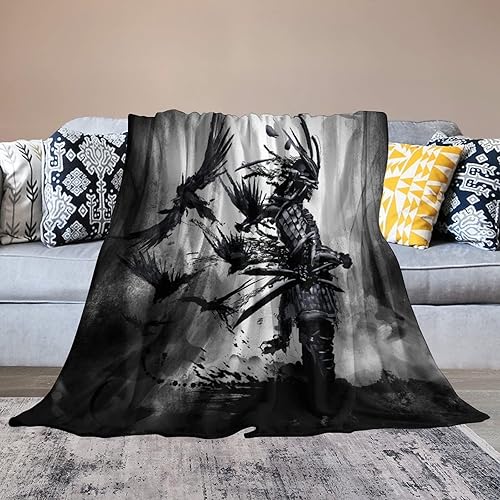 Miniatura 6 de Manta samurái de anime japonés, con espalda de samurái asiático, con cuervo negro, manta de franela súper suave para cama, silla, sofá, dormitorio