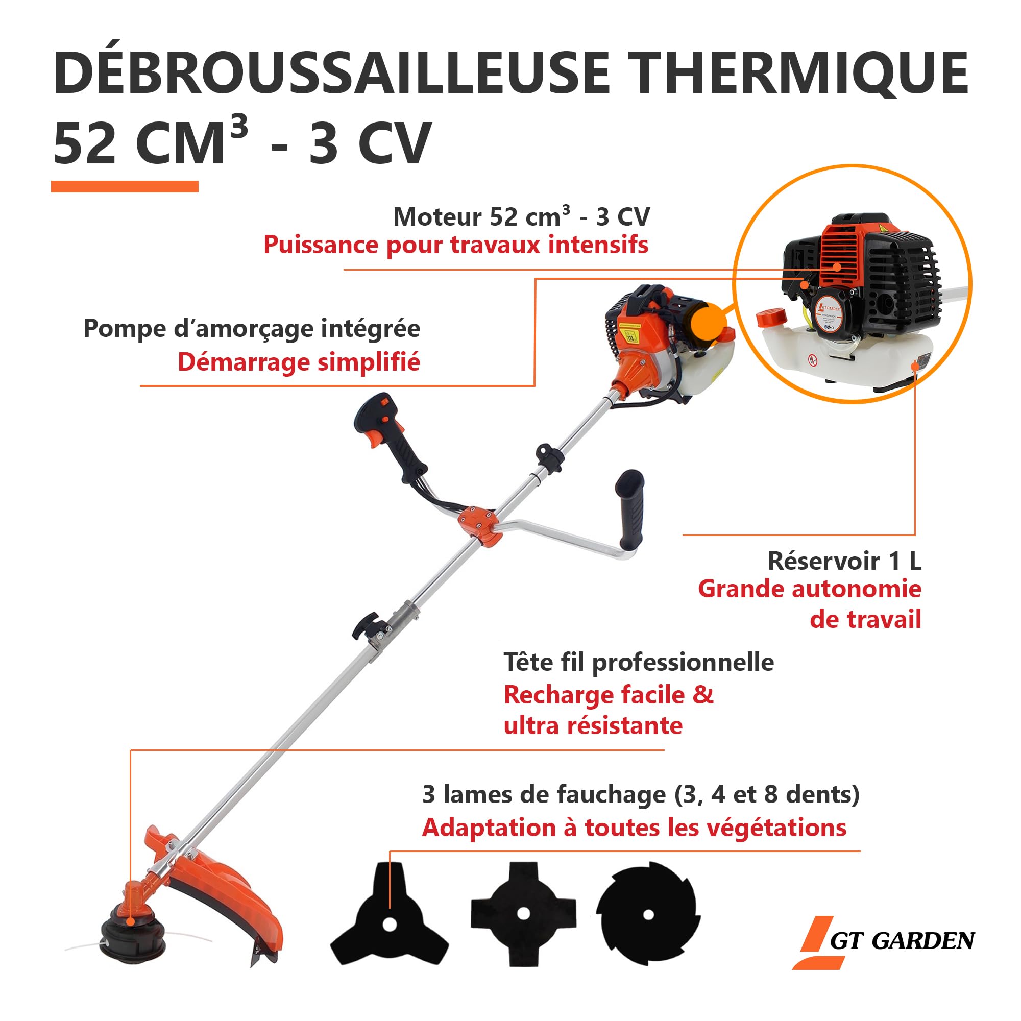 GT Garden Débroussailleuse Thermique, 52 cm3, 3 CV