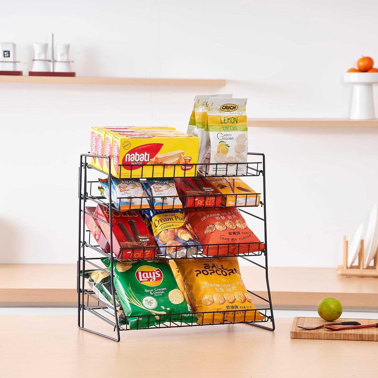 Candy Display Rack, Chip Rack Display Stand, Wire Metal Snack Shelf for Stores, Kitchen, Office, 2 Pack, Black