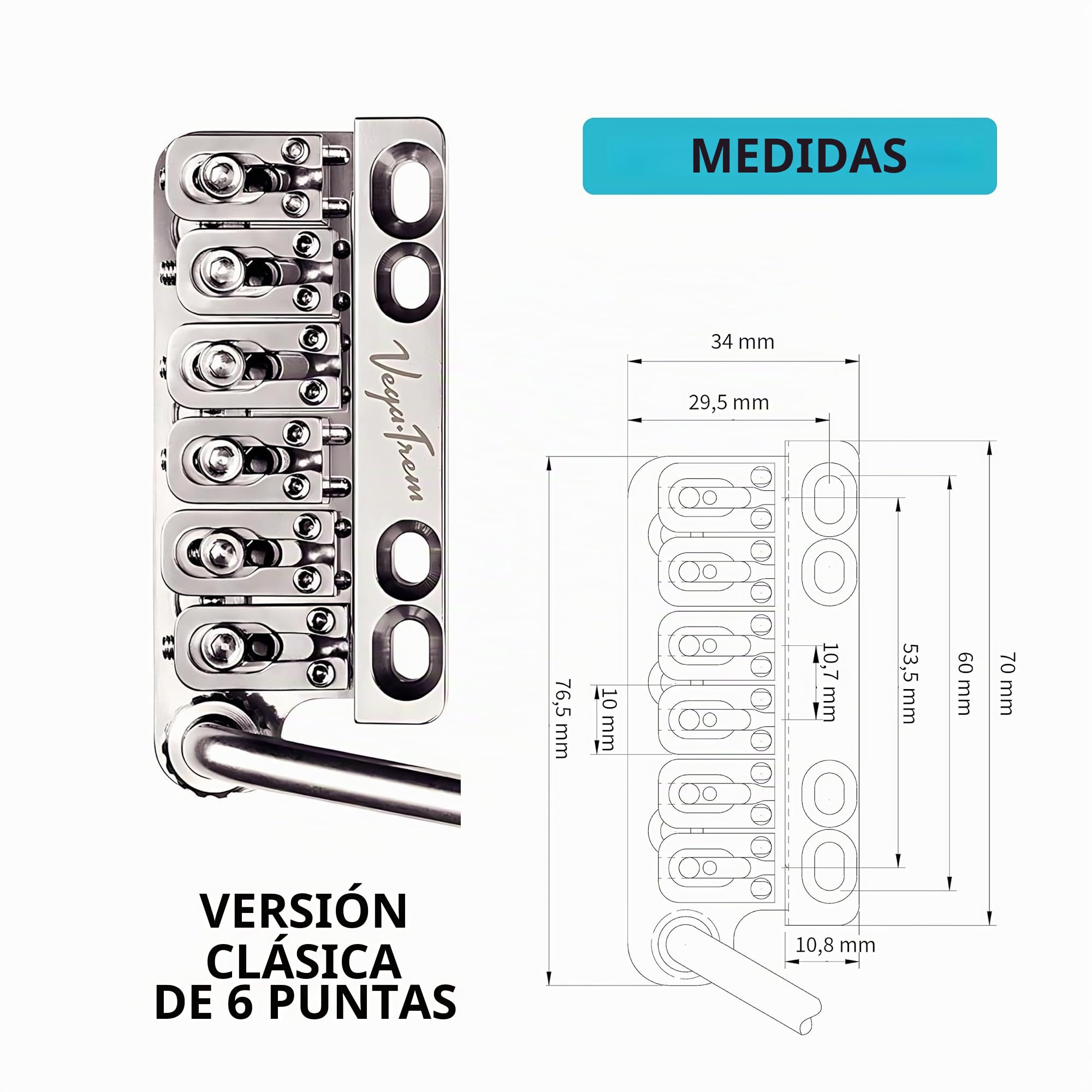 Vega-Trem VT1 Estándar 6 Tornillos Brillante Puente de Trémolo para Guitarra Stratocaster Para Strat Sin Modificaciones Fácil Instalación