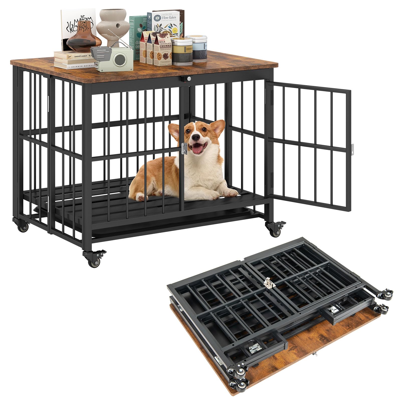 COSTWAY Jaula Plegable para Perros, Casa para Perros con Puerta, Ruedas Bloqueables y Bandeja Extraíble, Ahorra Espacio, Mueble de Madera para Perro con Estructura Metálica de Interior (80x61x64 cm)