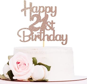 Sotpot Happy 21st Birthday Cake Topper, Rose Gold Glitter Cake Pick Cheers to 21 Fabulous for 21st Birthday Party Cake Decorations -1 Pack