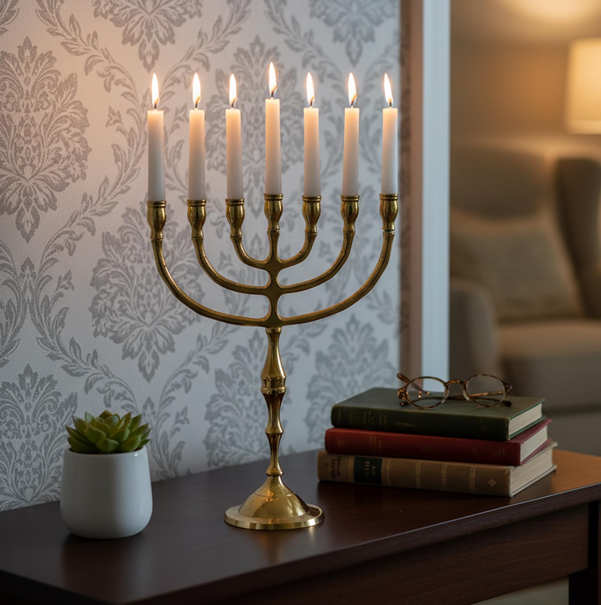 eSplanade Menora-Kerzenhalter aus reinem Messing, Tischdekoration und jüdischer Kerzenhalter für Heimdekoration, Hochzeit, Kirche, Diwali-Dekoration (7 Zweige)