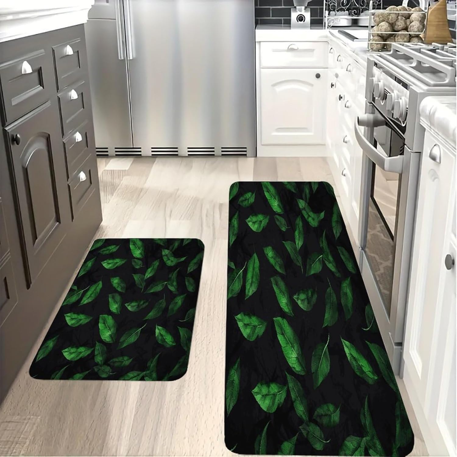 Green Leaves on Black Wall Kitchen Mats with 2PCS Non-Slip Washable,Kitchen Rug Heavy Duty Durable, Floor Mats for Kitchen,Office,Sink,Laundry