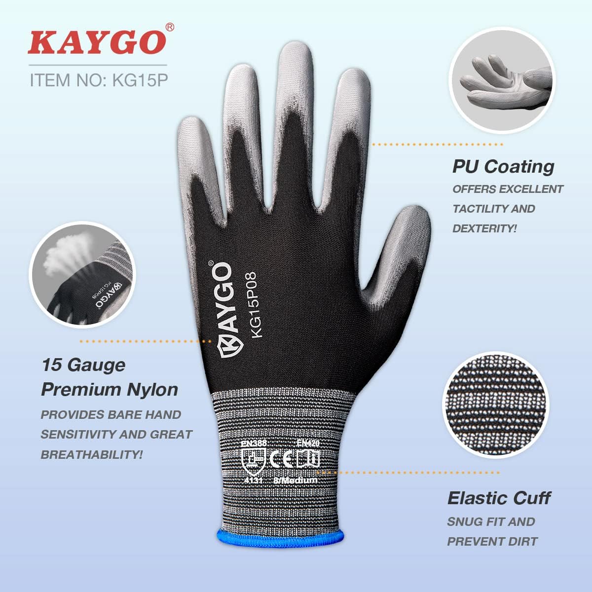 KAYGO 12 Pairs PU Coated Work Gloves and 1 Pair Impact Reducing Work Gloves Bundle for Men and Women, Ideal for DIY, Assembly, Warehouse, M, Black