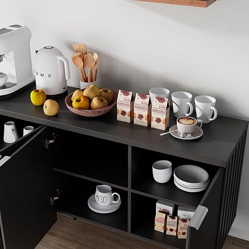 Miniatura 6 de Soporte de TV negro para televisores de hasta 80 pulgadas, gabinete de soporte de TV de clase grande, centro de entretenimiento moderno con puertas