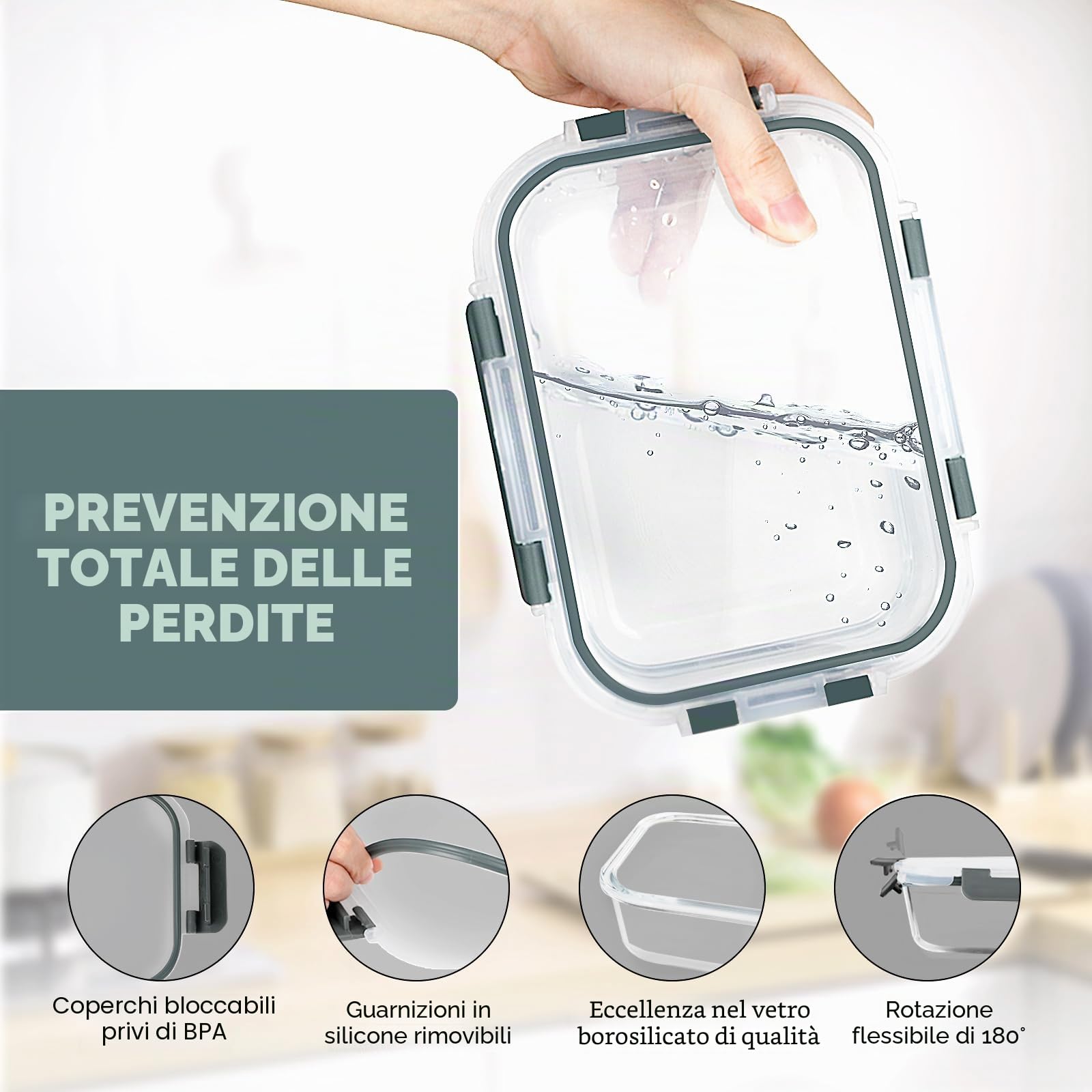 VERONES 10 scatole di vetro per il pranzo, contenitore impilabile in vetro per alimenti con coperchio, senza BPA, adatto a microonde, forno, frigorifero e lavastoviglie, grigio
