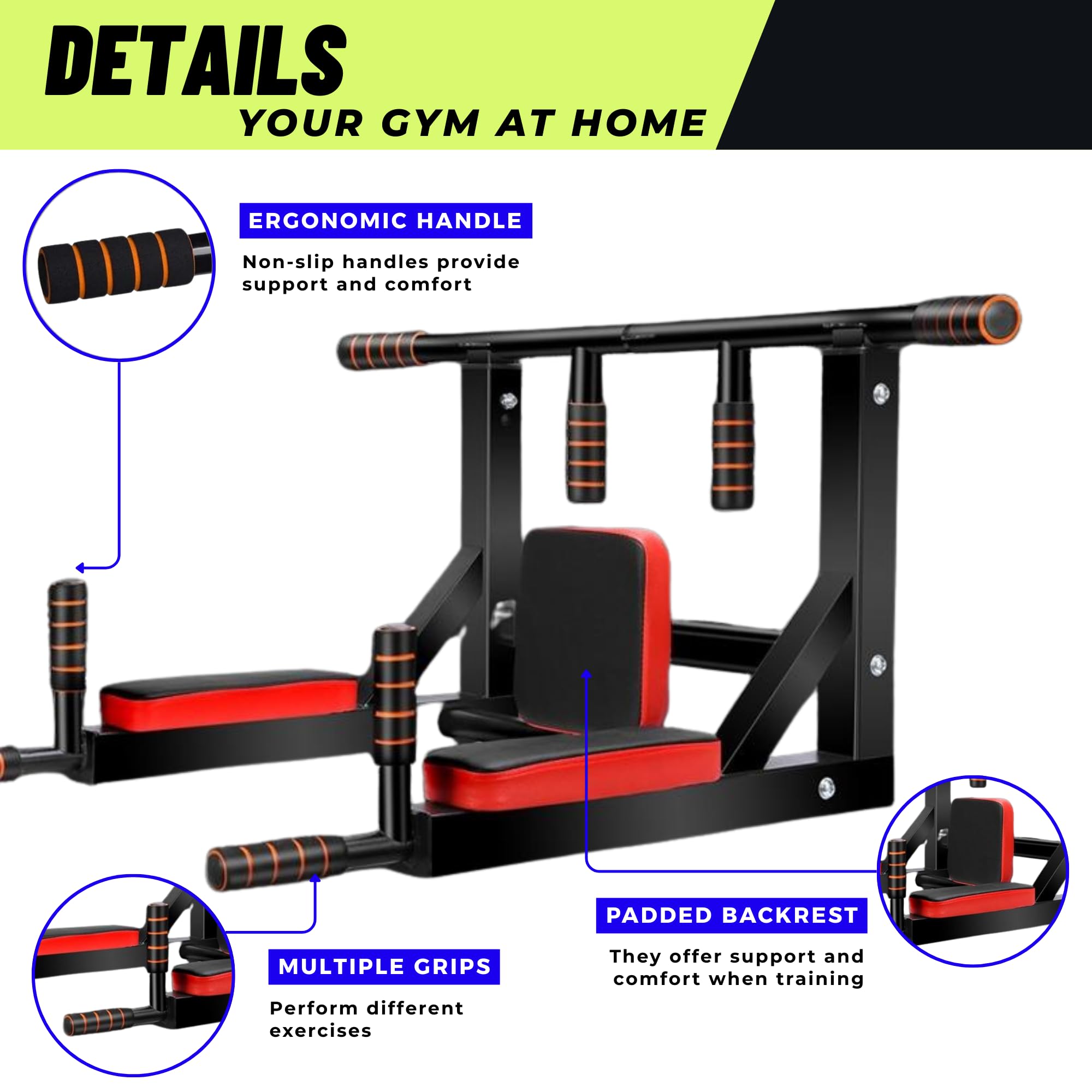Barre de Traction à Montage Mural. Multifonctionnelle, Station. Dip pour Gym en Intérieur à la Maison.Power Tower Set Equipements d'Entrainement avec Support Multi-prises, Supporte jusqu'à 200 kg.