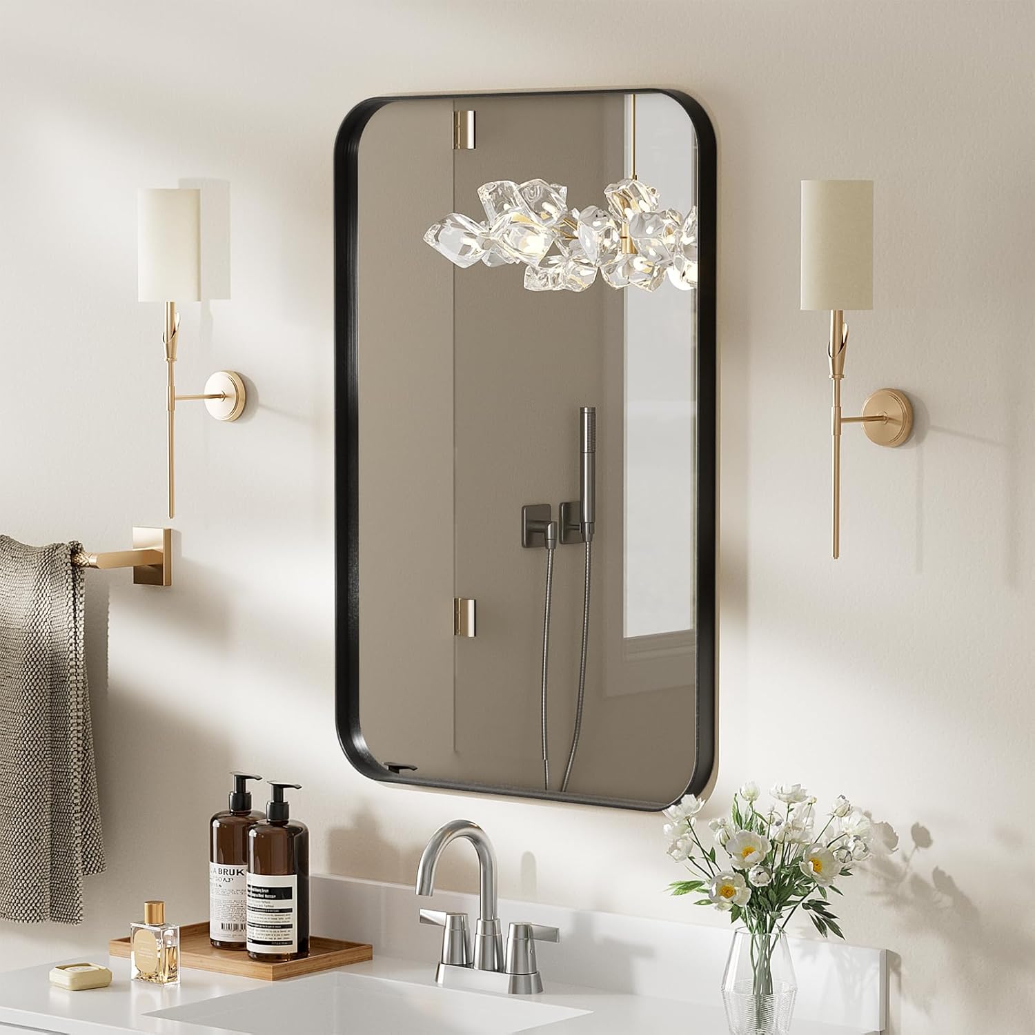 Gold Bathroom Mirrors for Wall, 55X30 Inch Rounded Rectangle Mirror, Gold Bathroom Vanity Mirror, Metal Framed Wall-Mounted Mirror（Horizontally or Vertically,Tempered Glass