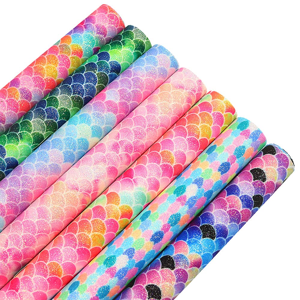 Rainbow Glitter Leather Faux Leather Sheets, 12" x 8.3"(21X30 cm) A4, 7PCS Different Mermaid series Holographic Sparkle Fine Gradient Texture Synthetic Fabric, Good for DIY Craft Earring