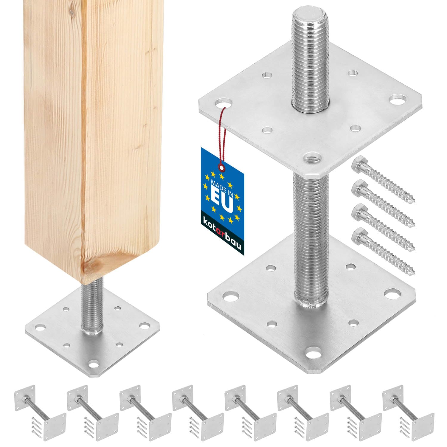 KOTARBAU® 8er Set Pfostenträger Höhenverstellbar - Montagestütze – 110 x 110 x 250 mm - Balkenschuh - M24 - Verstellbarer Pfostenfuß – Halterung mit Stange für Beton – Stahlanker