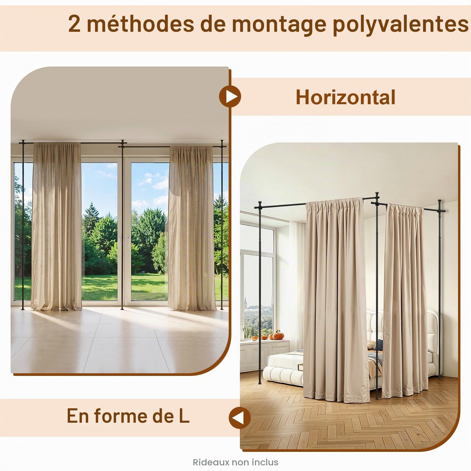 Barre de Séparation Pièce sans Perçage – Tringle Rideau Télescopique Réglable en Hauteur 1,5 m à 3,5 m, Support Mural Autoportant pour Cloison Amovible, idéal Locataires