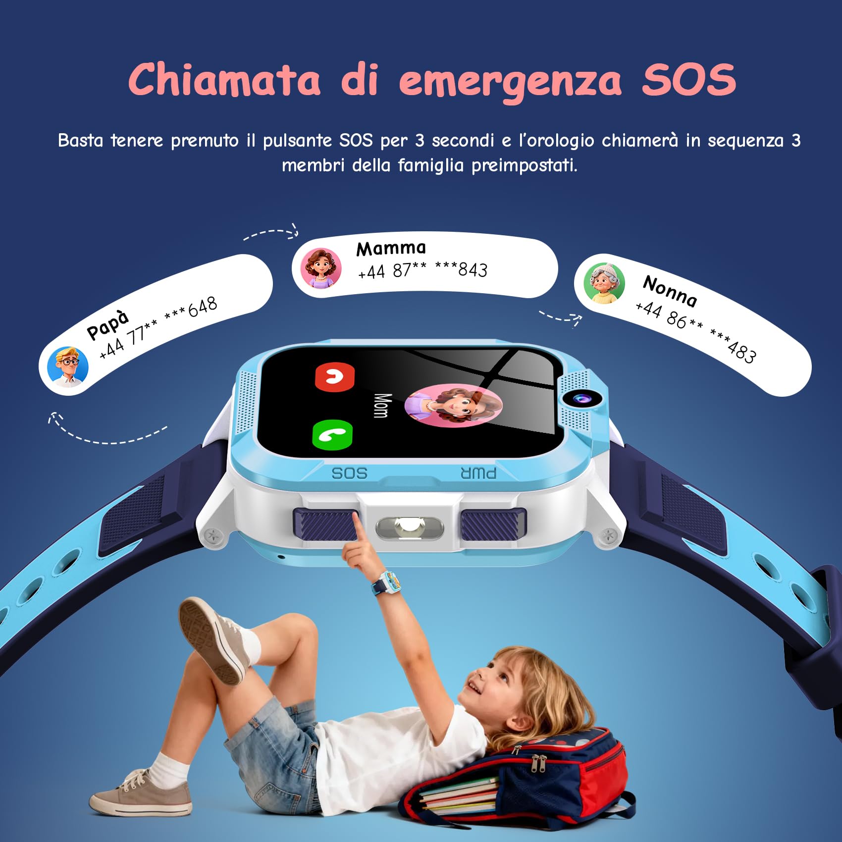 IOWODO Smartwatch Bambini 4G con Videochiamata HD, 1.85" Orologio Telefono Bambini con GPS, WiFi e LBS, SOS, Batteria 850mAh, Modalità Scuola, Contapassi, Sveglia, IP68 Impermeabile, 5-12 Anni, Blu