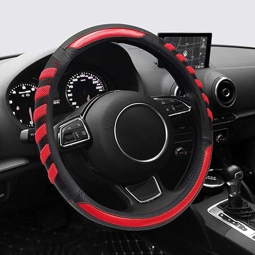 Miniatura 3 de Funda de cuero para volante, agarre deportivo, corte universal, 15 pulgadas (38.1 cm) (rojo)