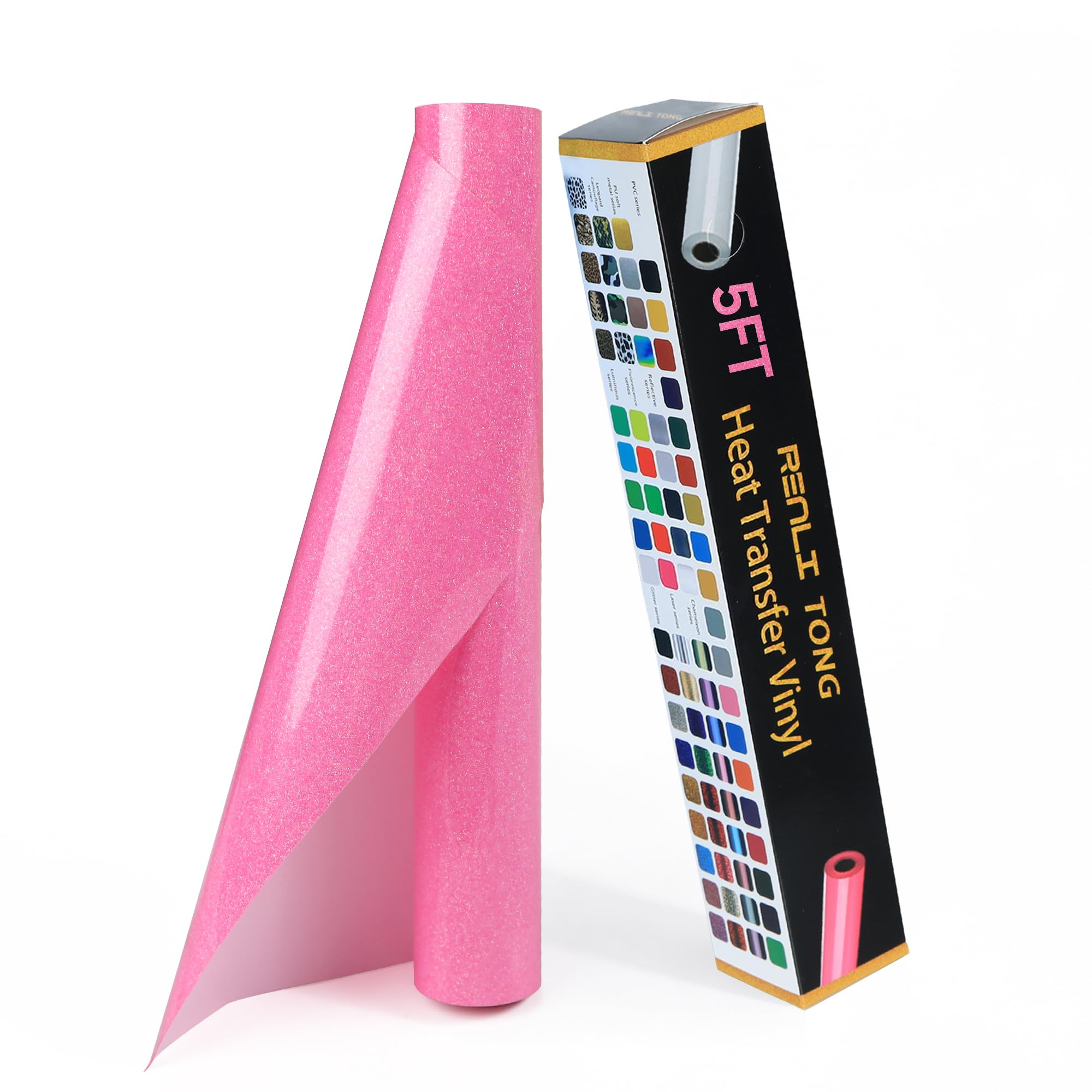 RENLITONG Dark Glitter Pink Iron on Vinyl - 12Inch by 5ft Roll HTV Heat Transfer Vinyl for T-Shirt HTV Rolls for All Cutter Machine - Easy to Cut &amp; Weed for Heat Transfer Design
