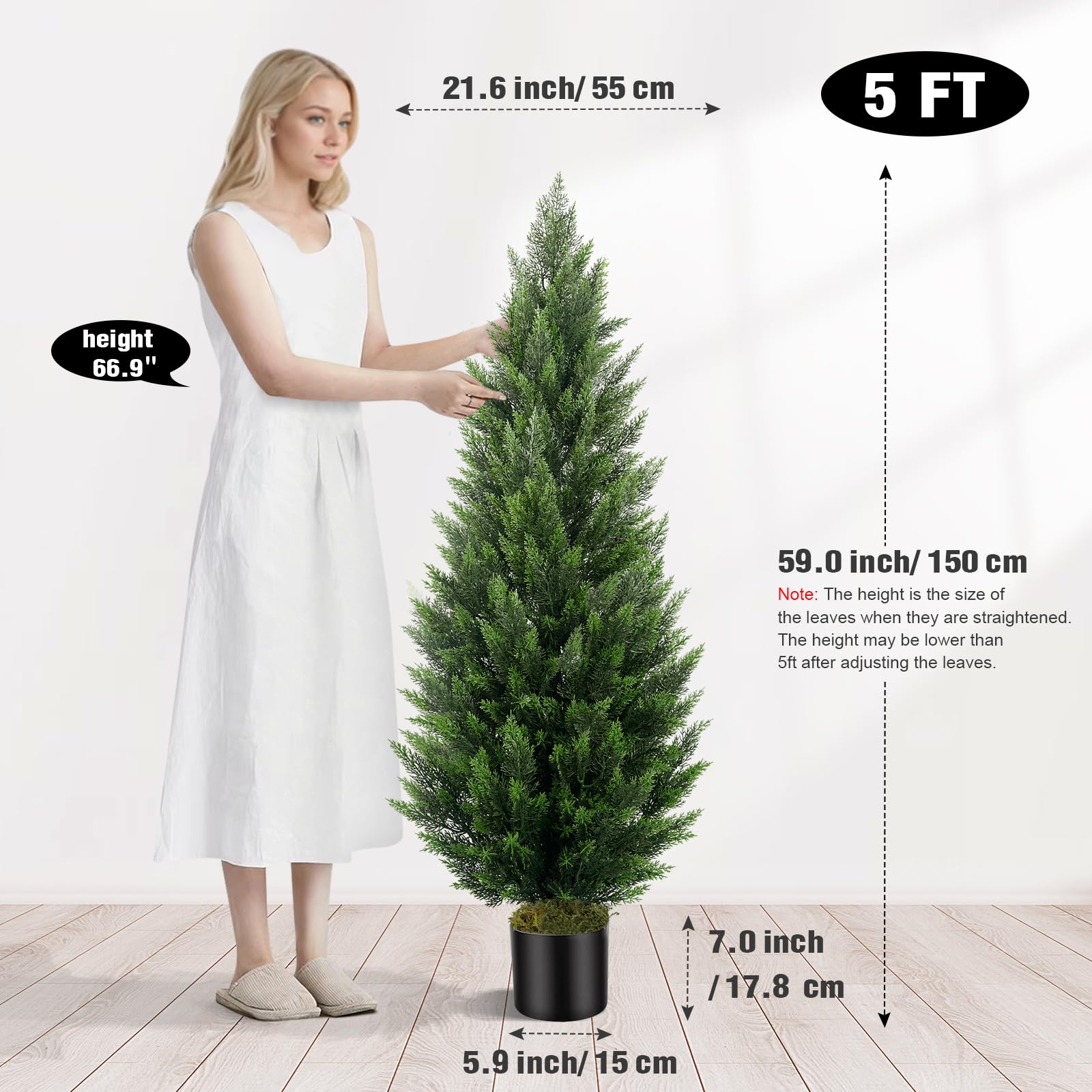 Artificial Topiary Cedar Trees 5FT Tall 2 Set, Outdoor Indoor Faux Pine Shrubs Plants, Realistic Fake Plants Front Porch Decor, Artificial Bushes Cypress for Home Front Door Offices