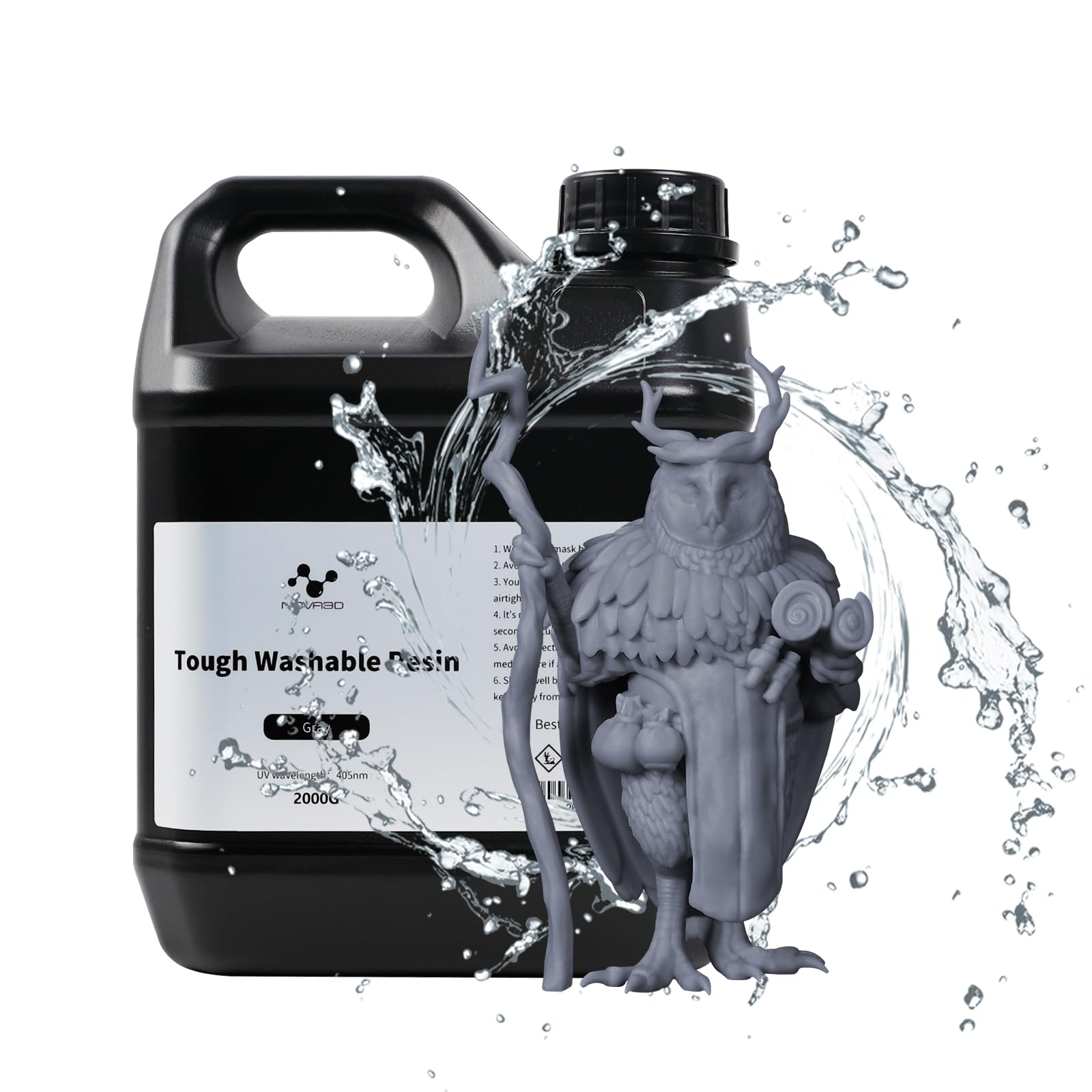 NOVA3D Resina resistente lavabile in ABS, resina fotopolimerica ad alta resistenza per stampa 3D, asciugatura rapida UV 405 nm, per stampanti 12K/14K/LCD/DLP/SLA, basso odore (grigio, 2 kg)