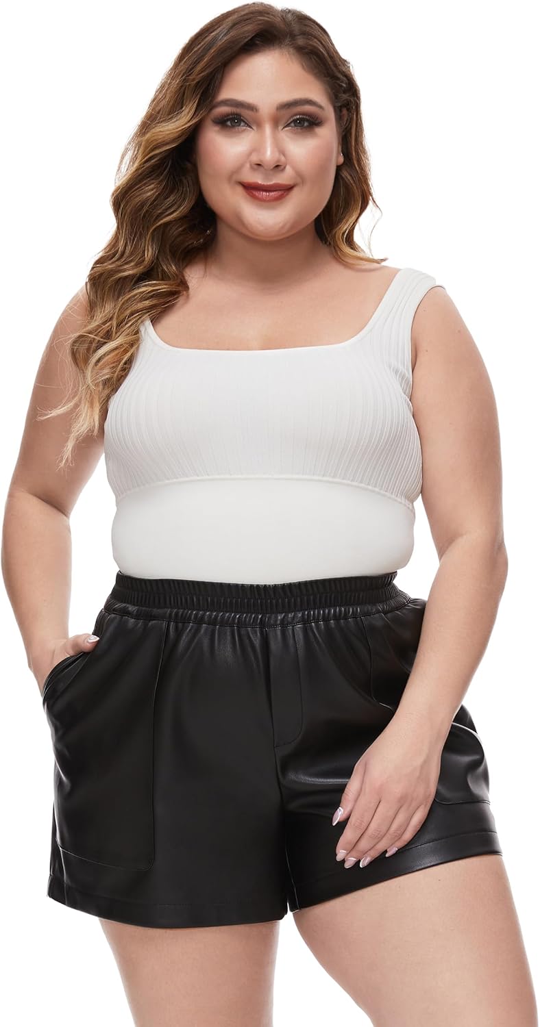 Fahsyee Plus Size Black Shorts - Faux Elastic High Waisted Leather Short for Women PU Pleather Casual with Pockets 0X-4X - Image 3