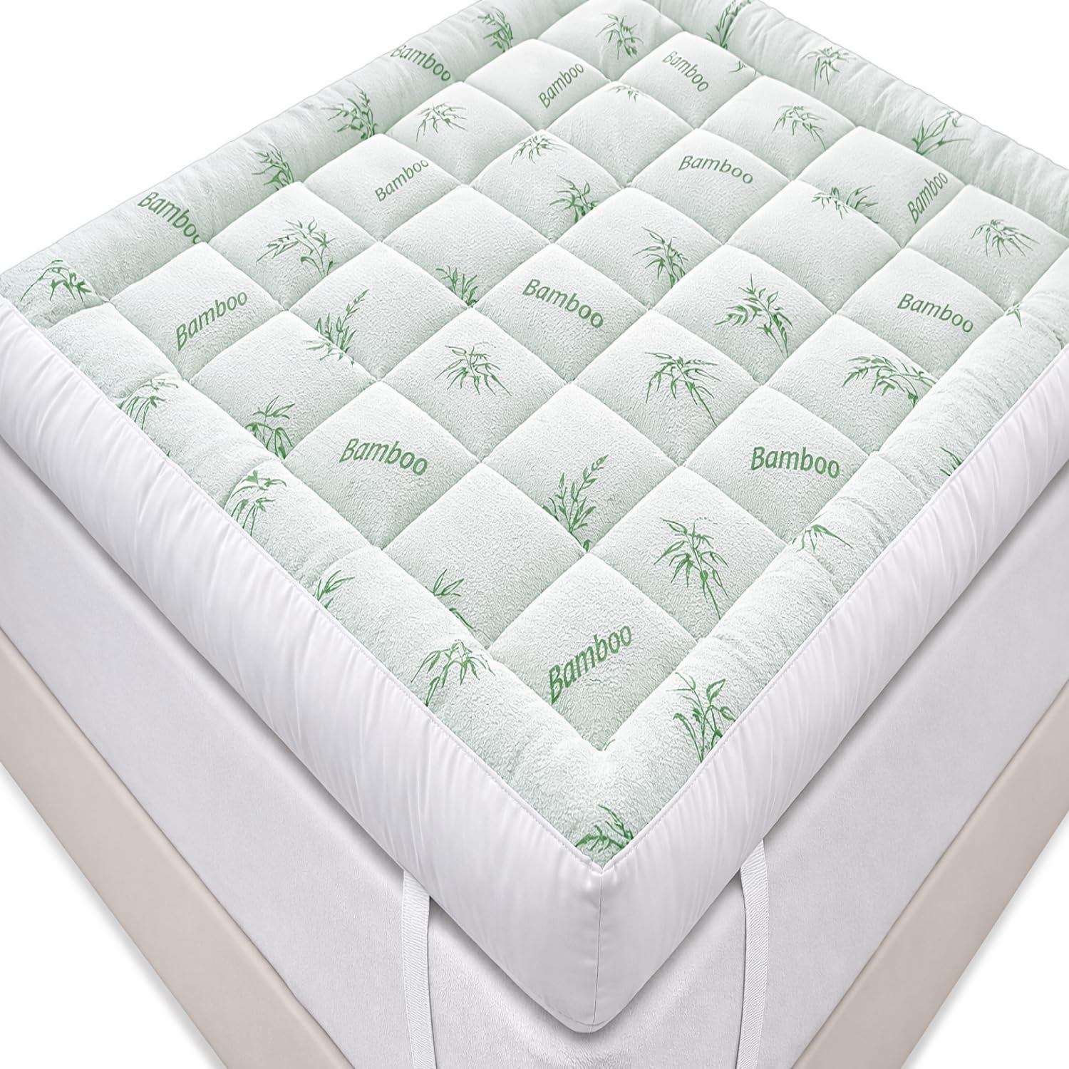 Bamboo Mattress Topper Double Bed – 10cm Extra Thick Quilted Box Stitched Fluffy Double Mattress Topper – Anti Allergy Thick Mattress Topper Double with Strong Elasticated Corner Straps (137x190cm)