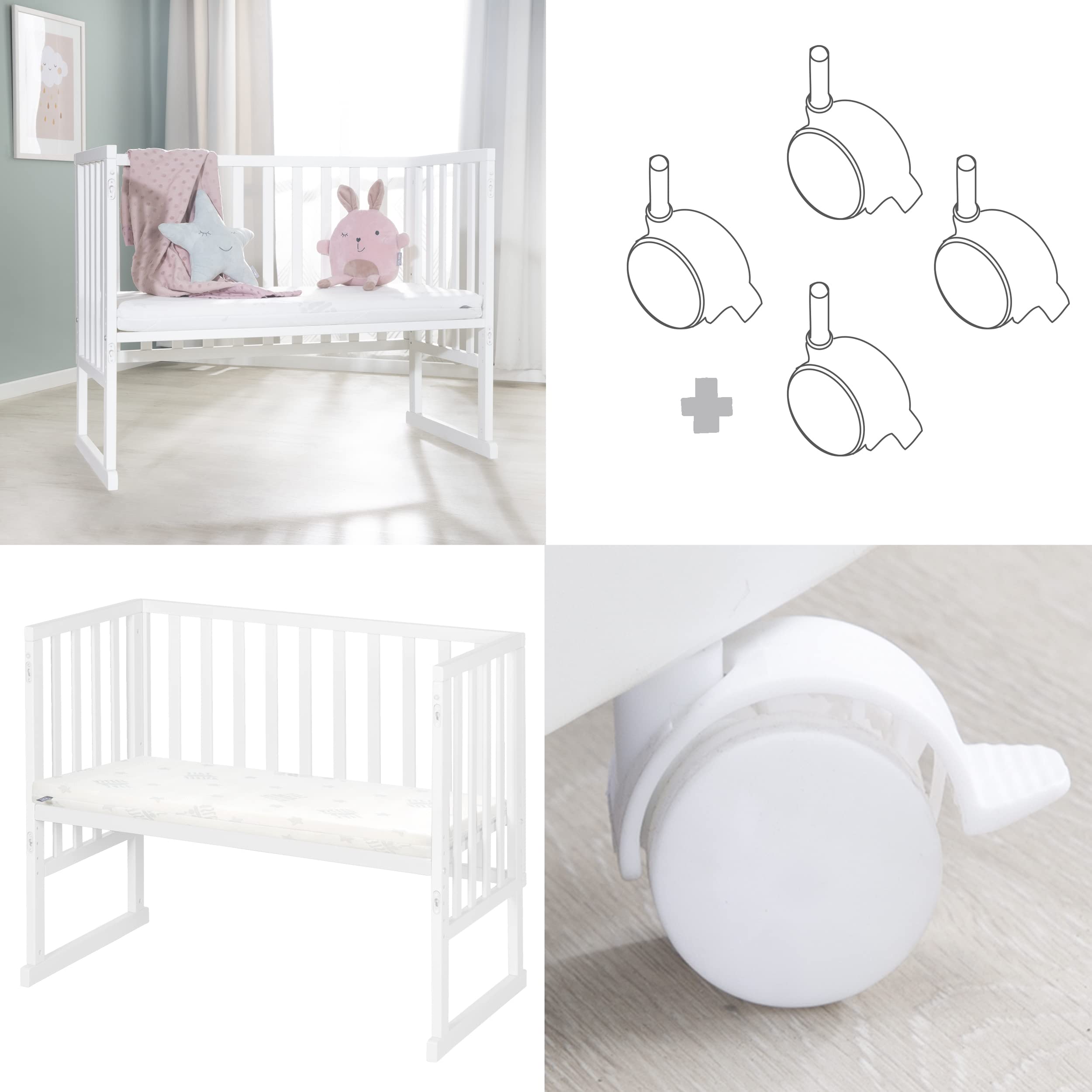 roba Cuna Colecho 45 x 90 cm Safe Asleep 3 en 1 - Altura Ajustable - Conjunto Completo con Cuna, Colchón, Barrera de Tela y Ruedas con Freno - Madera Blanca