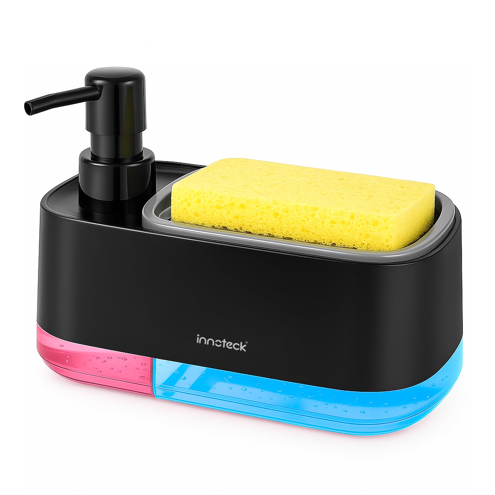 Innoteck 3 in 1 Hand Dish Soap Dispenser with Sponge Holder - Black Plastic - 3in
