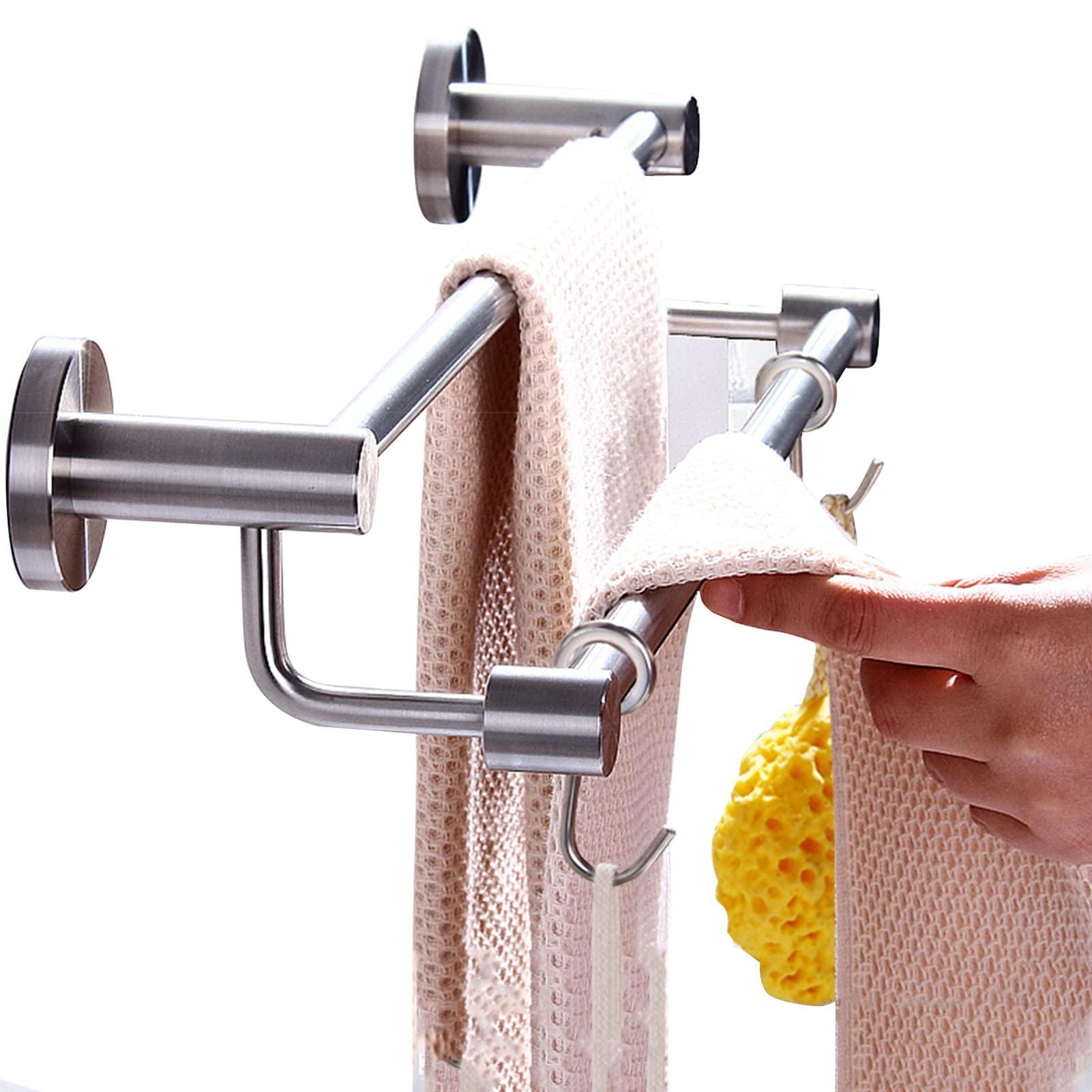 Podwójny wieszak na ręczniki, montowany na ścianie, uchwyt ze stali nierdzewnej z haczykami, trwały, oszczędzający miejsce design do łazienki, 90 cm