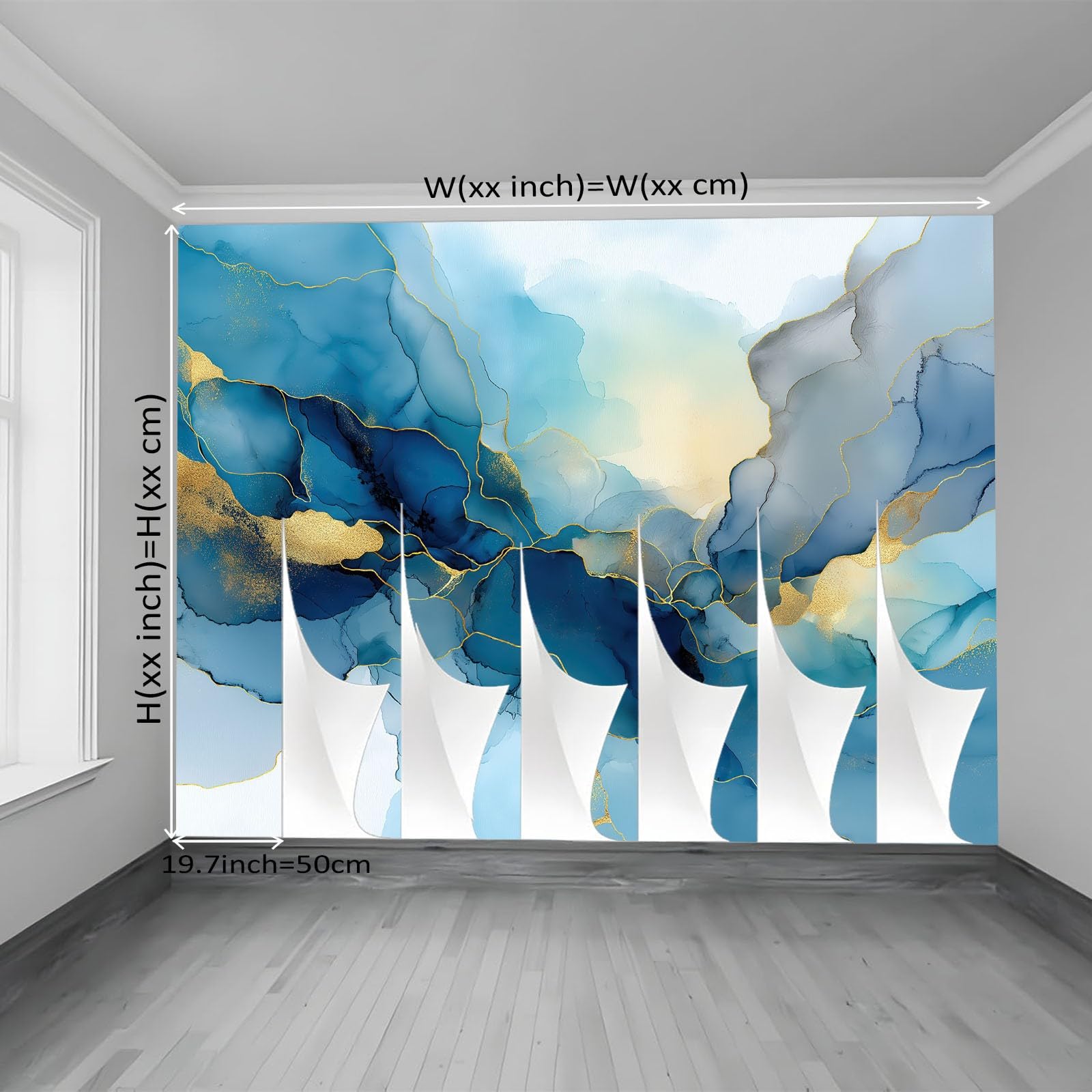 Tapeta z motywem, 250 x 175 cm, sztuka, akwarela, złoty liść, wodoodporna dekoracja ścienna do pokoju młodzieżowego i kącika gamingowego, niebieska