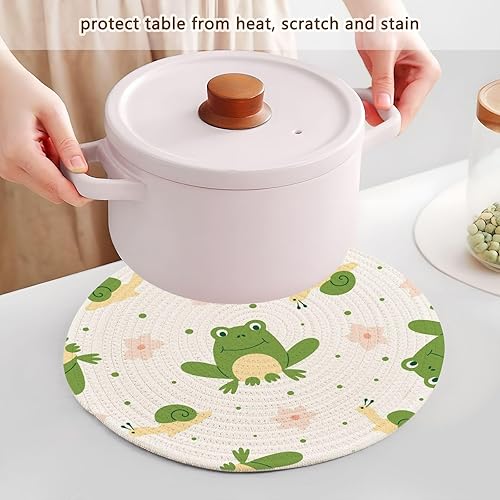 Miniatura 5 de 3 Pcs Trivet Mat Set Seamless Pattern Frogs Pink Flowers Snail for Hot Dishes 15in Cotton Thread Weave Heat Resistant Pad for Bowl Kitchen Gadgets