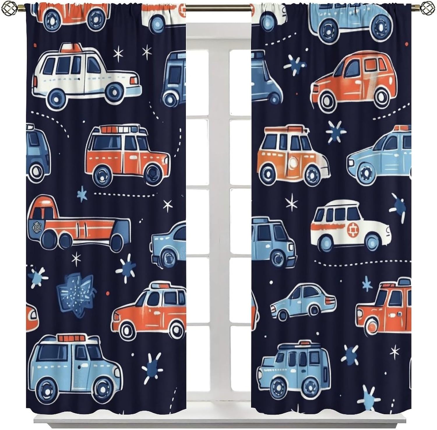 City Rescue Vehicle Blackout Curtains for Bedroom Living Room, Rod Pocket Cartoon Car Education Theme Curtains Thermal Insulated Window Drapes 2 Panels, Each 21W x 54L