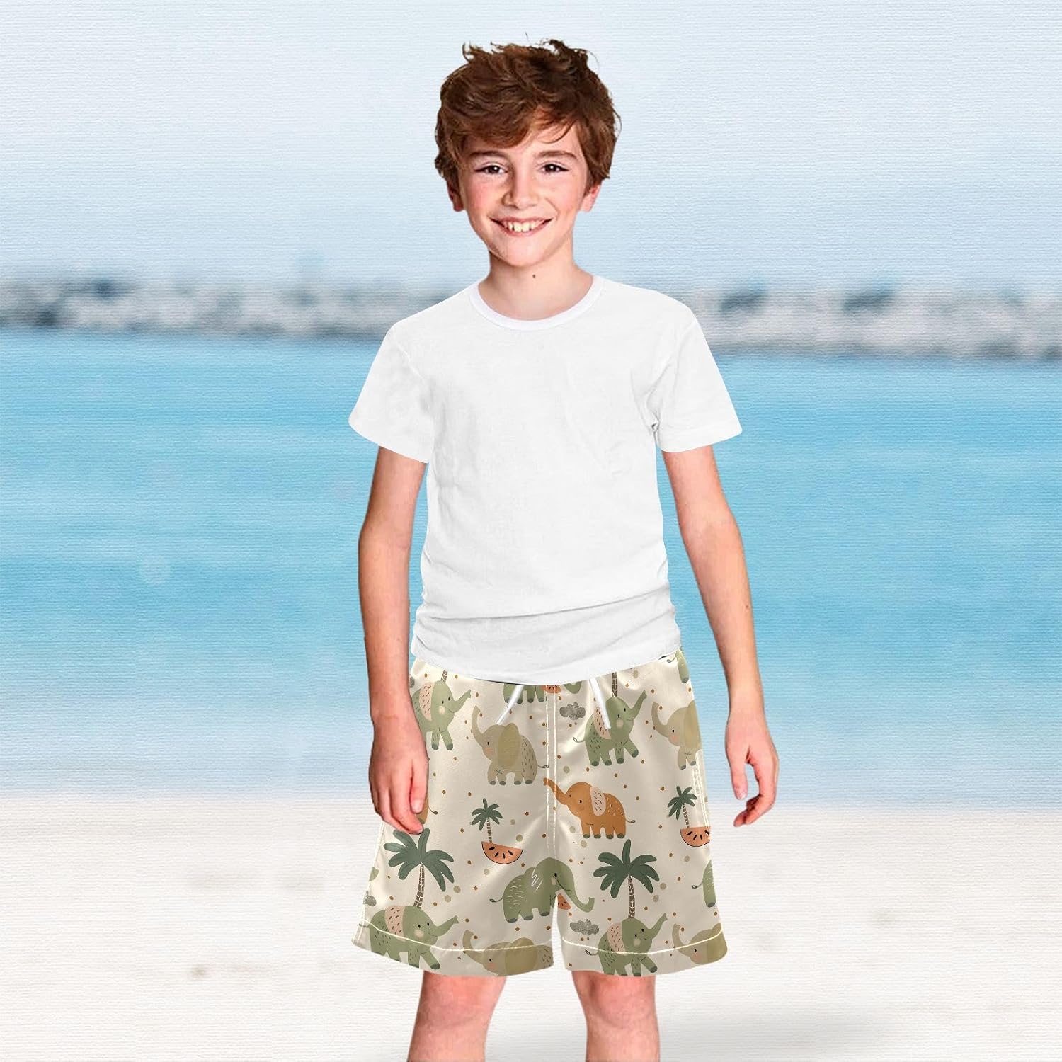visesunny Elephant Coconut Tree Boys Swim Trunks Quick Dry Drawsting Boy's Beach Shorts Boy Bathing Suit with Pockets