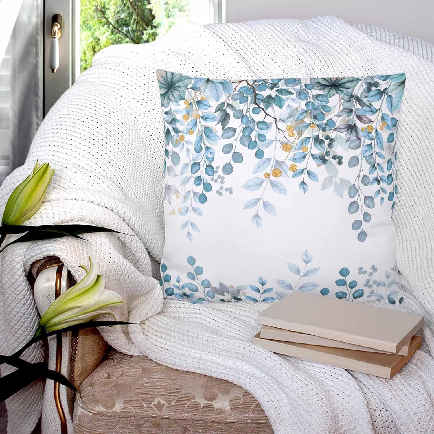 Throw Pillow Covers 20 x 20 Inches Set of 2 Watercolor Blue Eucalyptus Leaf and Branches Abstract Farmhouse Decorations Cushion Cover Zippered Square Pillowcase for Bedroom Living Room Sofa Couch
