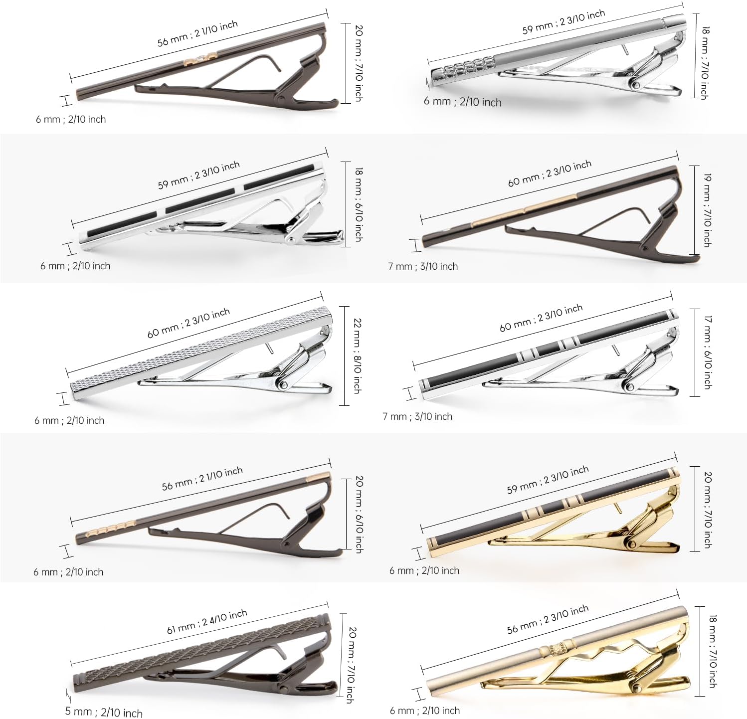 UJOY Classic Tie Clip Set 10 Pcs 2.36 Inch Tie Pins Silver Black Gold Business Shirt Necktie Pinch for Men