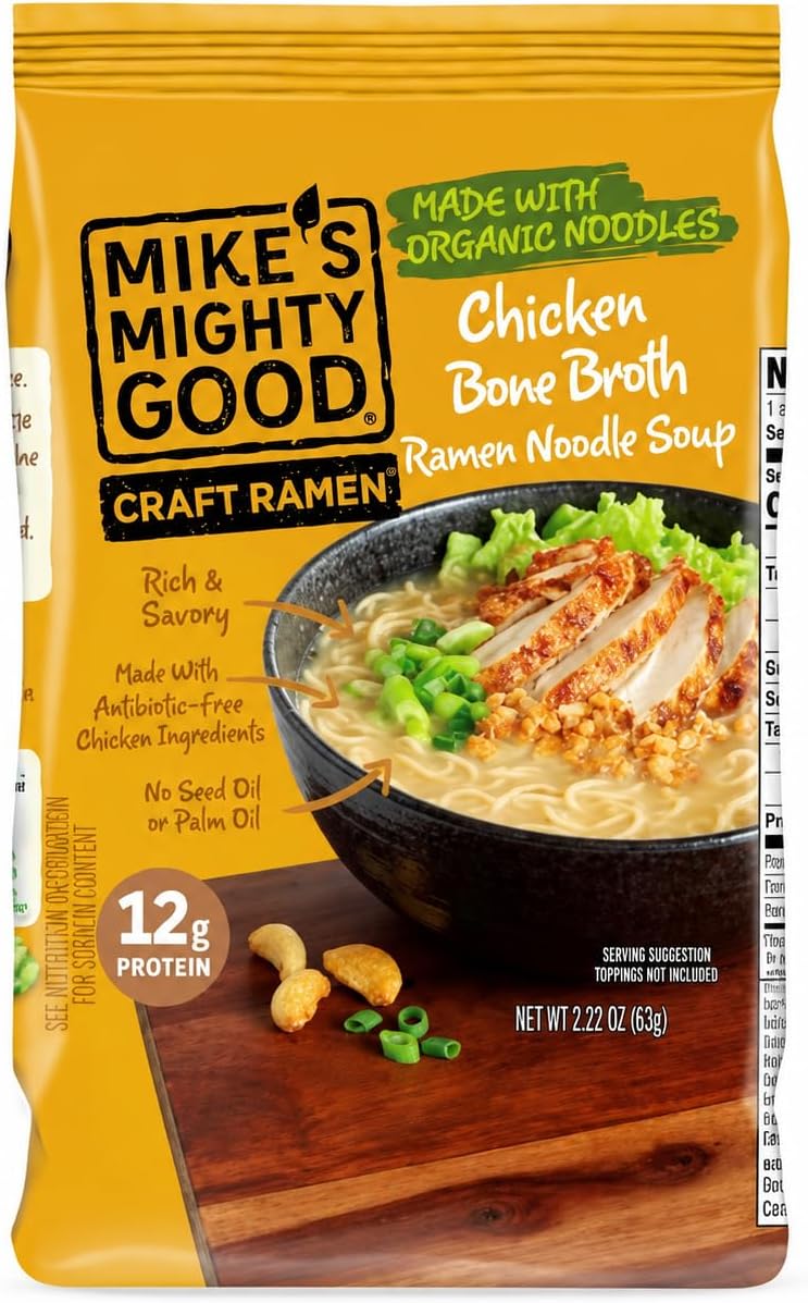 Chicken Ramen Noodles Bone Broth Pillow Pack (Pack of 7) - 12g Protein Instant Ramen - Organic Steamed, Non-GMO, Seed Oil-Free - Antibiotic-Free Chicken, Rich-Tasting Broth