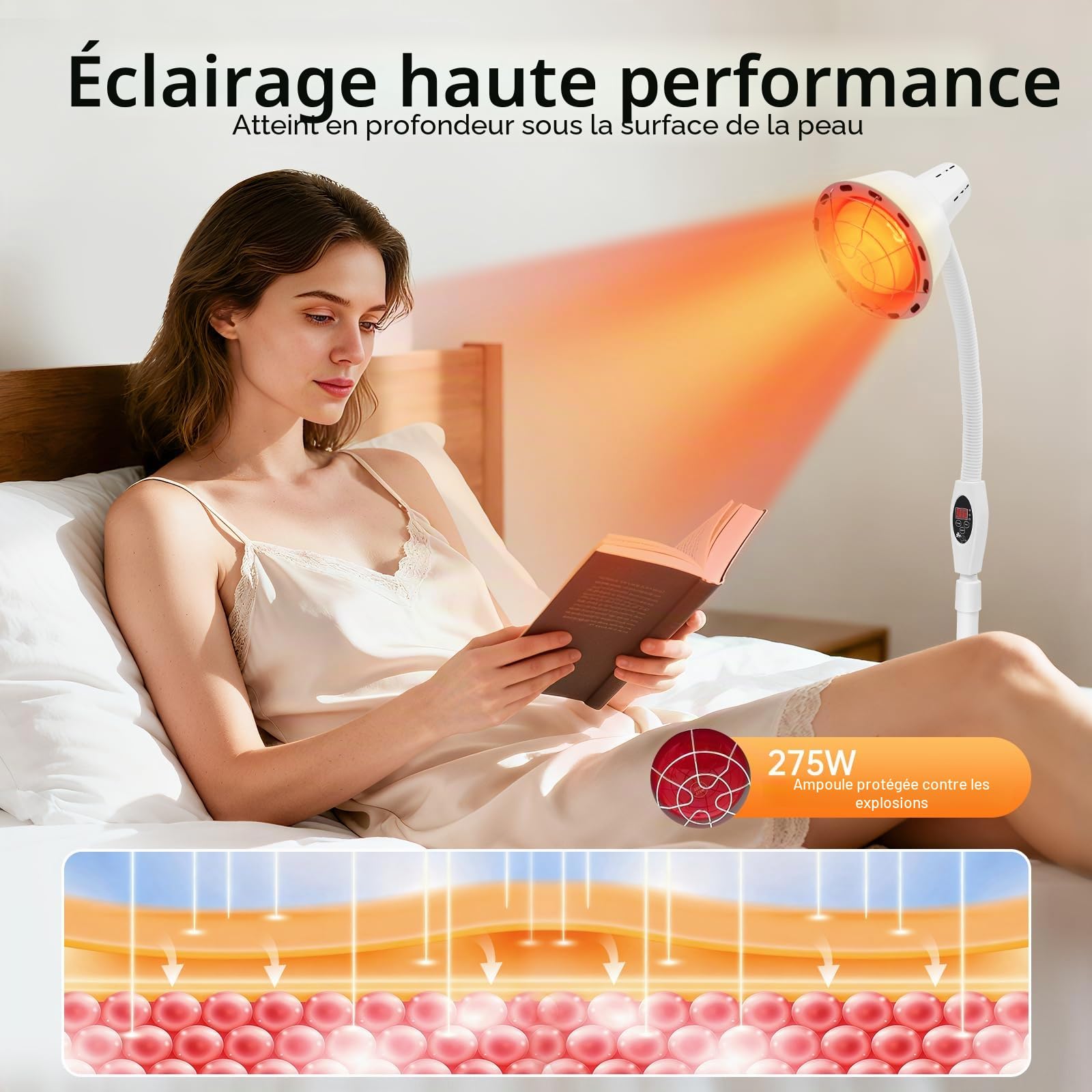 Lampe infrarouge, 275 W, lampe de thérapie thermique professionnelle avec télécommande, hauteur réglable, rotative à 360° avec minuterie, pour soulager la douleur et détendre les muscles