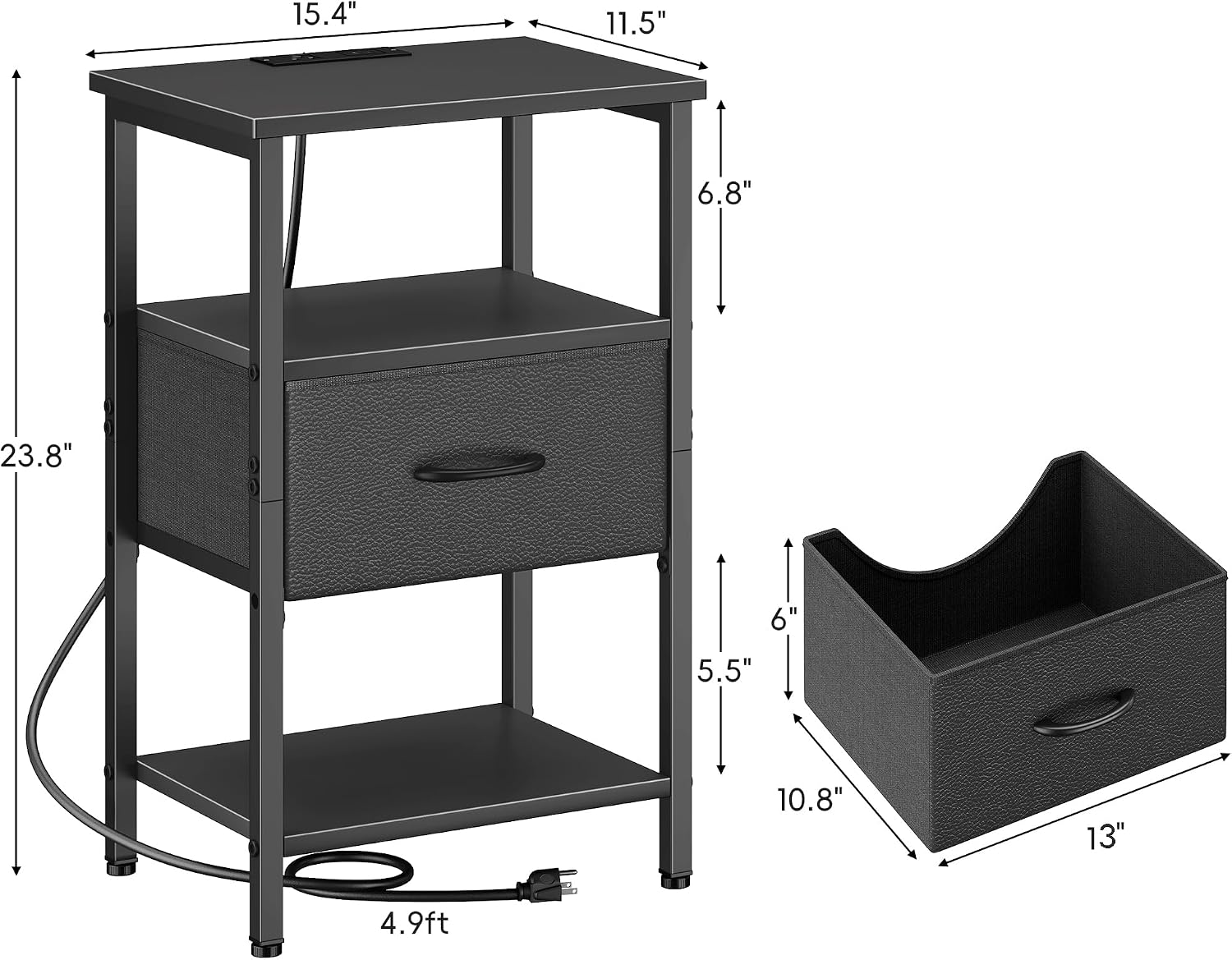 Black Nightstand with Charging Station, Bed Side Table with Adjustable Fabric Drawer, Night Stand for Bedroom, 3-Tier Storage End Table for Living Room, Tall Nightstand for Bedroom, Black