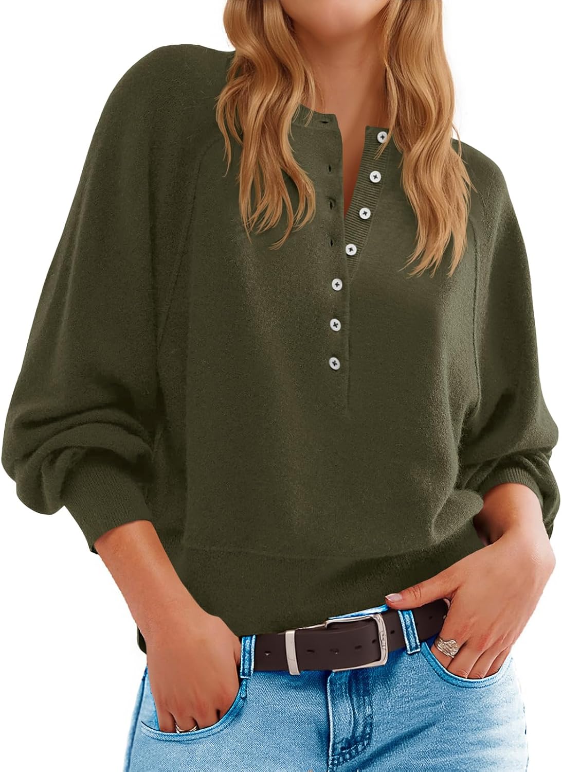 Saodimallsu Womens Button Crew Neck Sweater Fall Long Sleeve Henley Shirts Trendy Loose Knit Pullover Tops