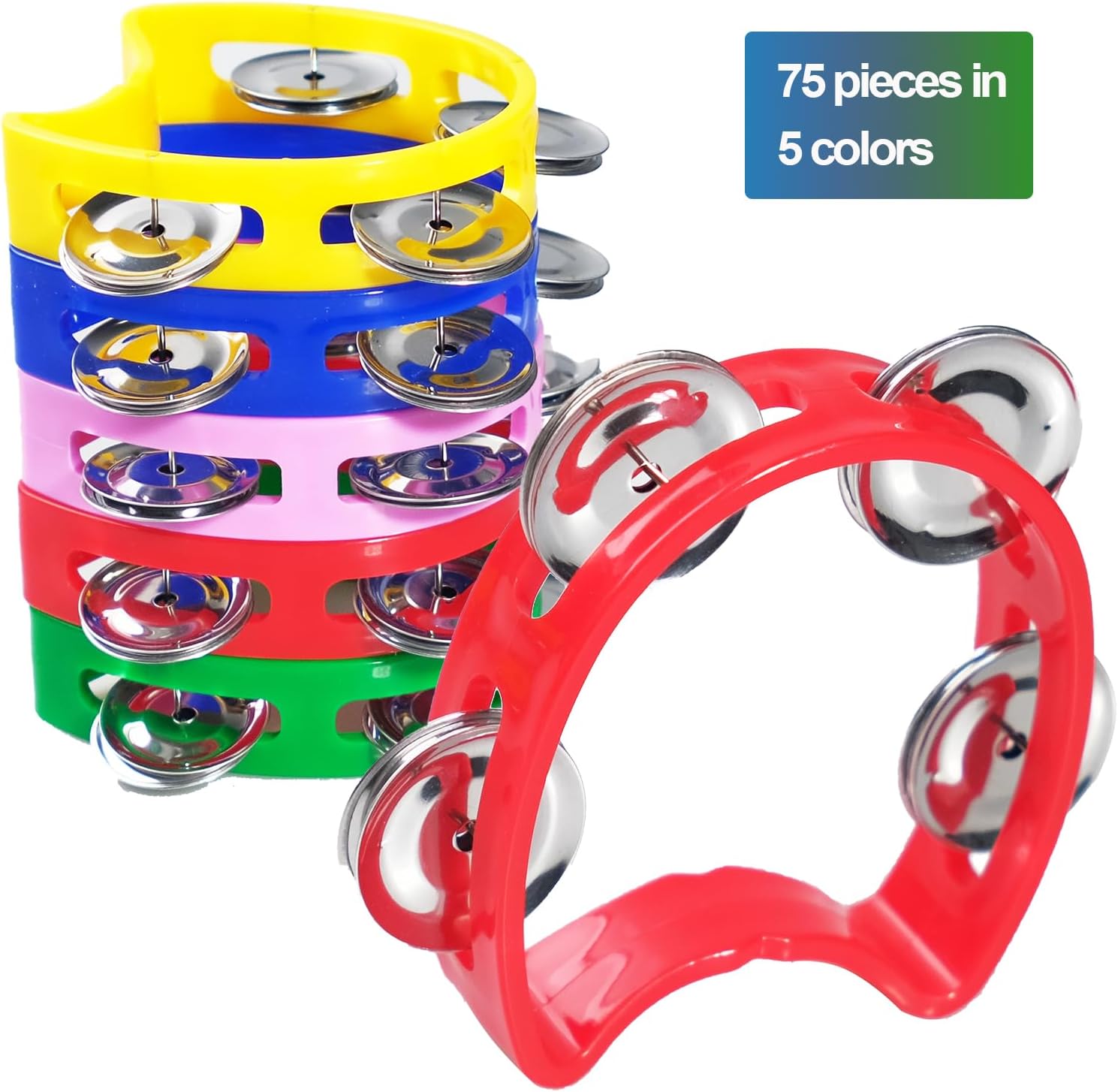 75 Pcs Tambourine Bulk for Kids 4 Bells Handheld Percussion Tambourine Rhythm Instrument Colored Noise Makers Hand Tambourine Musical Instrument for Kids Adults Beginners School Home Party Supplies