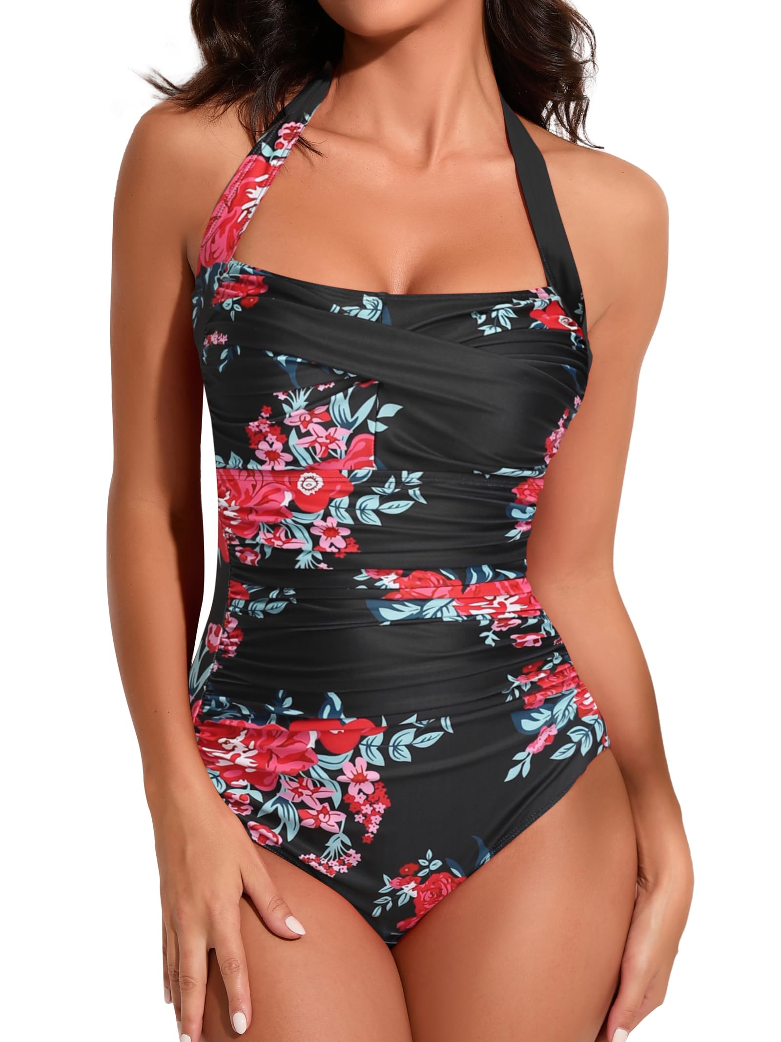 Smismivo Tummy Control Swimwear Halter One Piece Slimming Vintage Retro Swimsuit Womens Ruched Push Up Bathing Suit — view 32