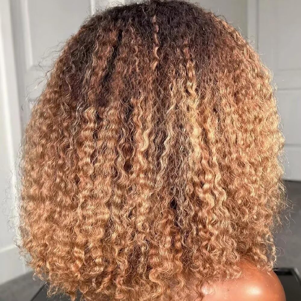 Ombre Honey Blonde Kinky Curly Highlights Wig 180 Density Preplucked with Baby Hair 8 inch Silky Layered Cut Deep Wave Curly HD Invisible 13X4 Lace Front Human Hair Wig with Bleached Knots