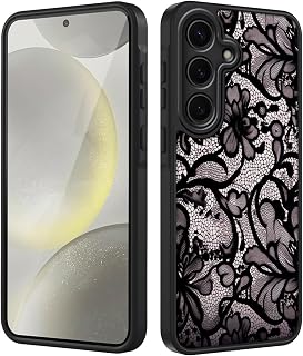 Tawarror Handyhülle für Samsung Galaxy S24 5G Hülle, Matt Transluzente Aesthetic Lace Blumen Muster Schutzhülle PC Rückseite Kratzfest TPU Fallschutz Stoßfest Anti-Fingerabdruck Case, Schwarz