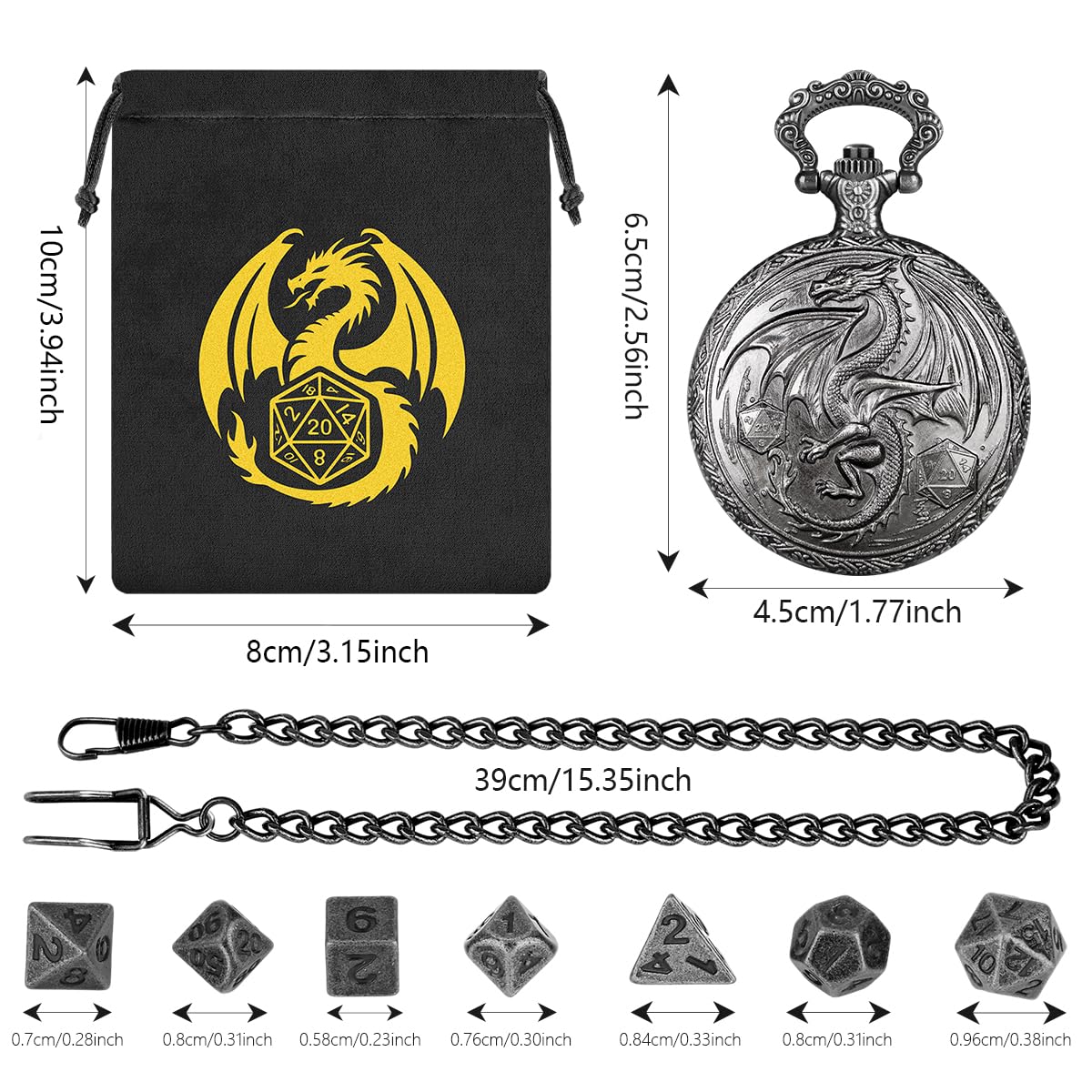 Mini DND Dice Set, Steampunk Winged Dragon Pocket Watch Shell Case, 7-Piece Polyhedral Metal D&D Dice - Image 4