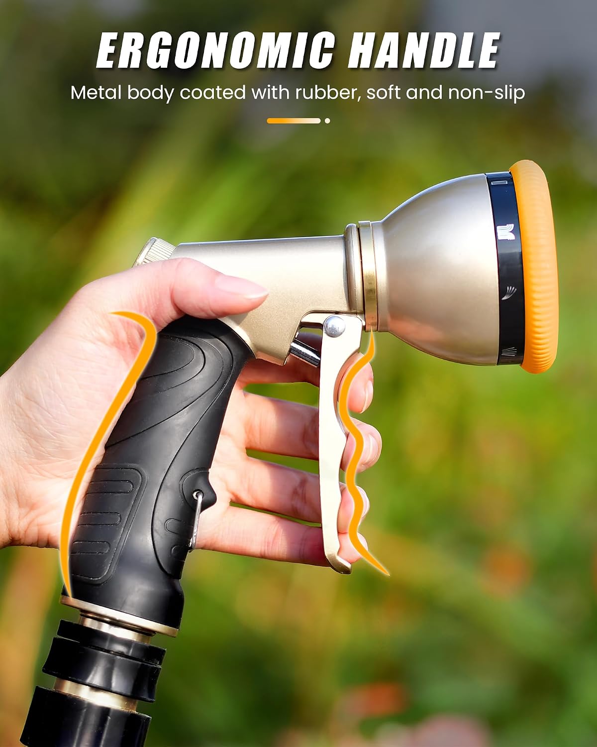RAINPOINT Garden Hose Nozzle, Heavy Duty Metal Hose Sprayer Nozzle, 9 Adjustable Spray Patterns, High Pressure Hose Sprayer for Watering Plants, Lawns, Car and Pet Washing (Orange)