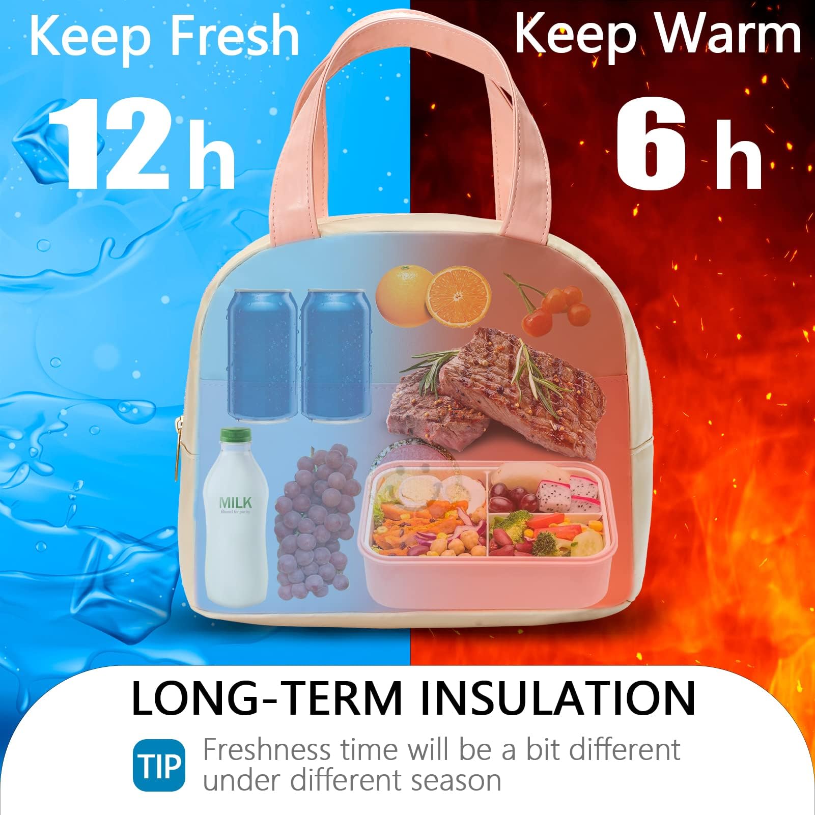 Hirabbi Lunch Bag for Women Large Insulated Lunch Box Reusable Lunch Tote with Preppy Soft Leather Bag for Work School Picnic Travel (White&Pink) - Image 4