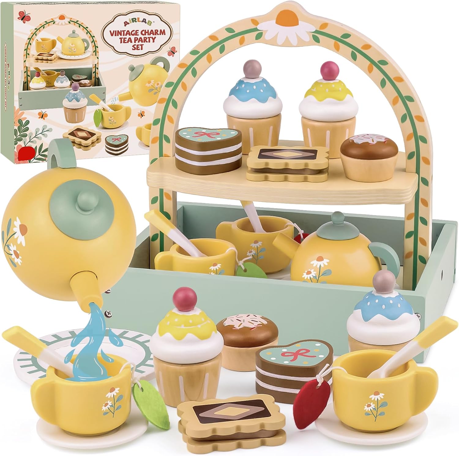 Wooden Tea Sets for Little Girls Play Food Cake Toys Toddlers 3-5 Kitchen Accessories Pretend Play Princess Playset for 3 4 5 6 Year Old Girl Boy Party Birthday Gift