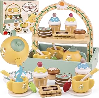 Wooden Tea Sets for Little Girls Play Food Cake Pretend Play Toys | 3-5 Kitchen Accessories Princess Playset for 3 4 5 6 Year Old Girl Boy Party Birthday Gift