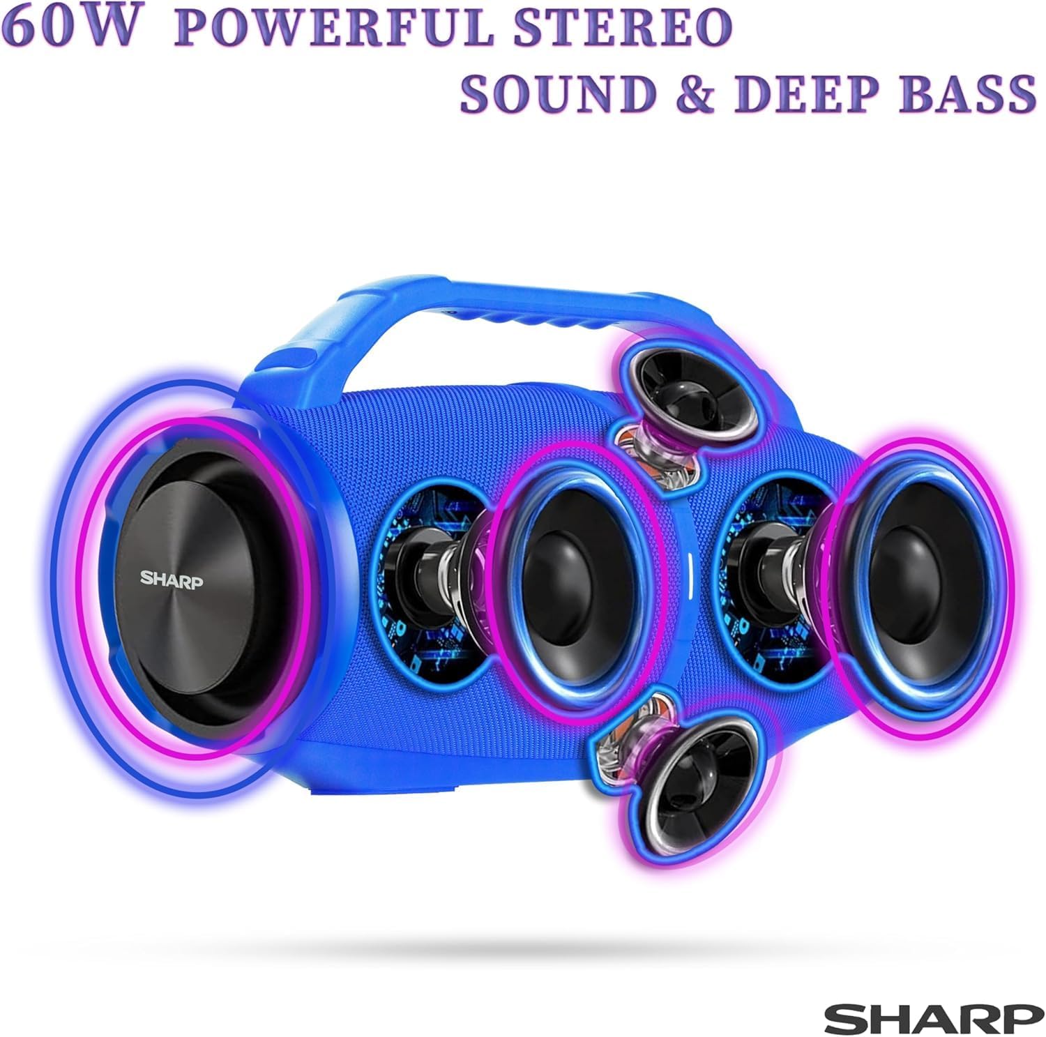 Sharp GX-BT490 Bluetooth Speaker with DSP Technology | Waterproof IP67 | 10 Hour Playtime | Light Effects | 120W Max Power with Deep Bass | True Wireless Pairing | Hands-Free Calling | Strap | Blue