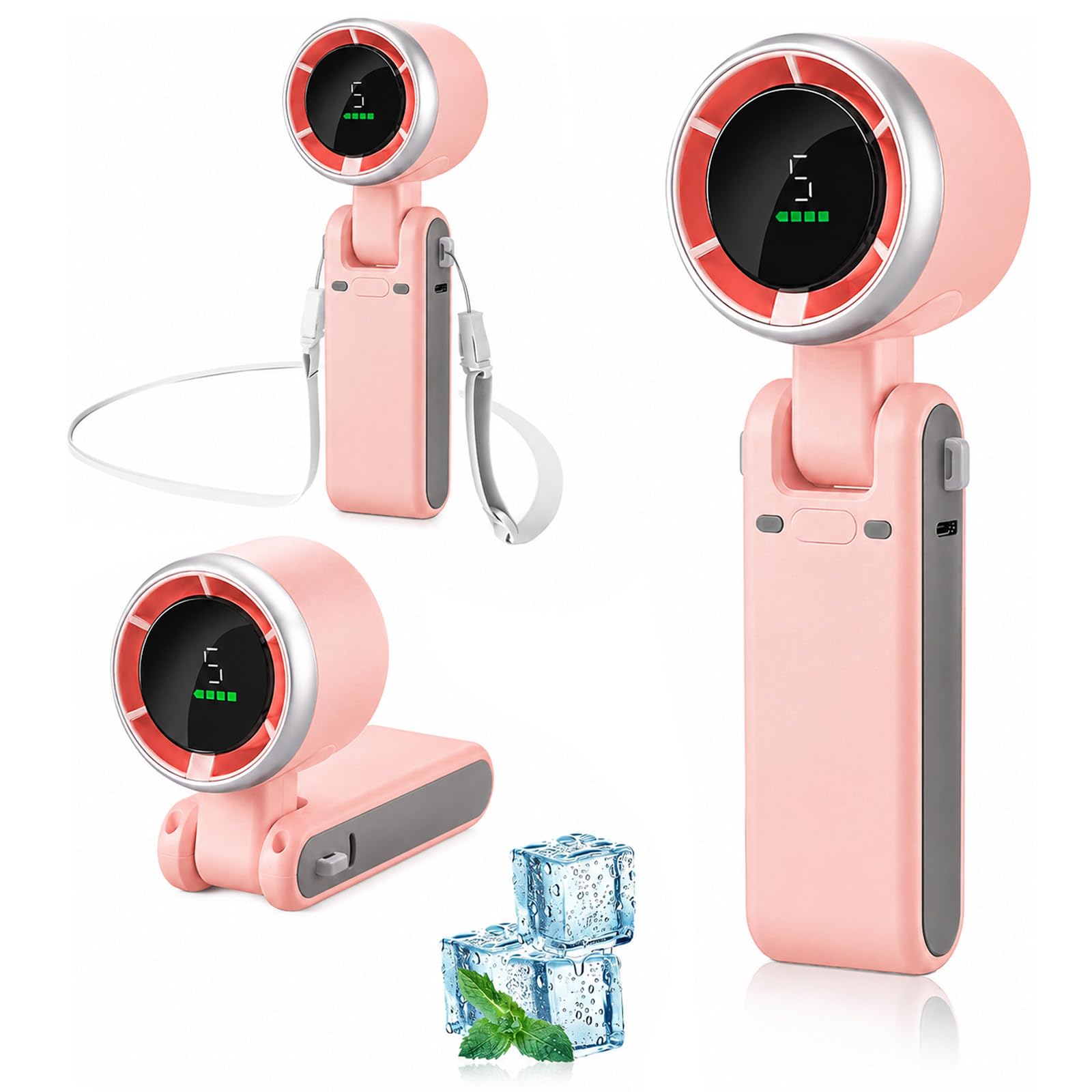 Gonggi Portable Handheld Turbo Fan, 3 IN 1 Foldable Hand Fan, Mini Electric Fan with 5 Speeds, USB Rechargeable Personal Pocket Hand Held Fan for Women Men Outdoor/Travel/Camping/Home/Office (Pink)